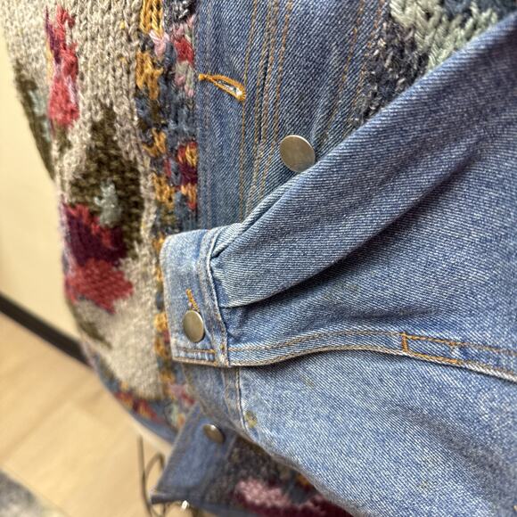 Vintage Together Denim Jacket L Floral Knit Appliqué Oversized 80s 90s Jean Coat - Picture 5 of 9